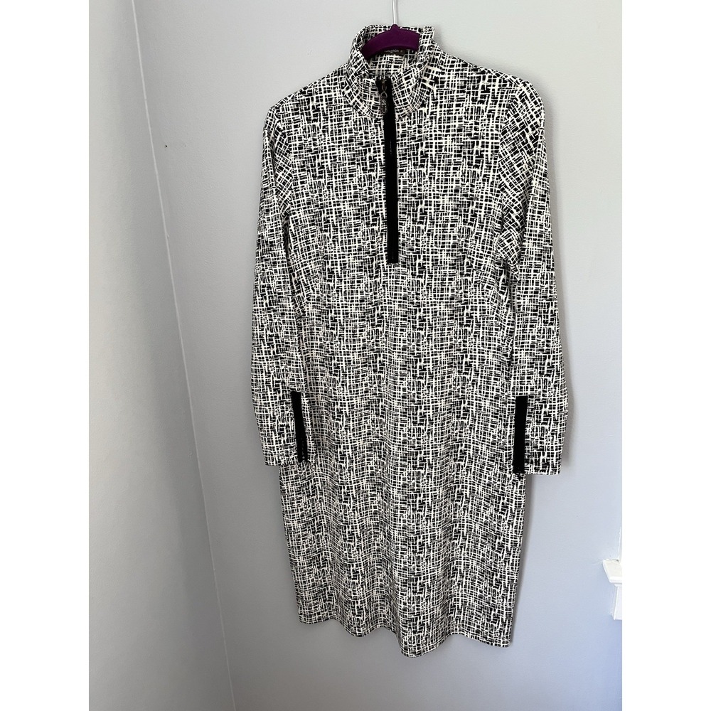 J. McLaughlin Women's Bedford Dress Size M Black Cream Sketch Geometric Print